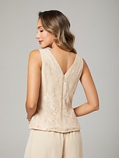 abordables Longueur du plancher-Combinaison  pantalon 3 pièces robe de la mère de la mariée invité de mariage formel élégante encolure en V longue jusqu&#039;au sol robe en chiffon avec dentelle manches longues blazer avec appliqués