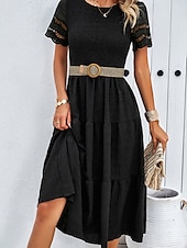 ieftine Rochii Albe din Dantela-Pentru femei Rochii Midi Rochie albă Rochie de dantela Rochie casual Rochie de vară Modă În aer liber Concediu Dată Fit regulat Simplu Manșon scurt Stil Nautic Negru Alb Trifoi Vară Primăvară