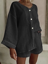 cheap Sets-Women&#039;s Fashion Streetwear Daily Shirt Linen-Inspired Sets Two Piece Sets Baggy Shorts Long Sleeve V Neck Plain Casual Daily Black White Blue Summer Regular Fit