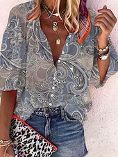levne Boho topy-Dámské Košile Halenka Grafika Elegantní Denní stylové 3/4 délka rukávu Stojáček Běžné topy Denní Dovolená Jdeme ven Knoflíky Rubínově červená Trávová zelená Duhová Šedá Léto Jaro Podzim