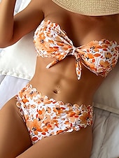 billiga Bikiniset-Dam Badkläder Bikini 2 st Kaxig Baddräkt Öppen rygg Smal Semester Standkläder Blommig Axelbandslös Ärmlös Baddräkter