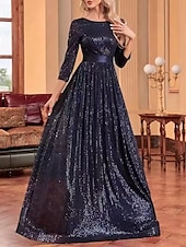 billige Gjestekjoler til bryllup-A-linje Bryllupsgjest Kjoler Festkjole Prom Black Tie Gala Gulvlengde 3/4 Lengde Erme Crew Utringning Belte  Bånd Spandex med Glitrende Frynser Paillett