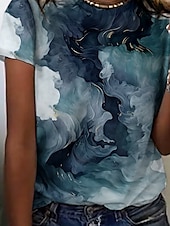 billige Kunst &amp; Design t-skjorte-Dame T skjorte Grafisk Batikkfarget Elegant Årgang Mote Kortermet Rund hals Vanlige topper Daglig Ut på byen Helg Trykt mønster Dusty Blue Sommer
