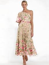 preiswerte Bodenlänge-Blumengesticktes A-Linie Kleid Mutter der Braut Kleid Elegant Vintage Ein-Schulter Knöchellang Tüll Kurzarm mit Blume Hochzeitsgastkleid