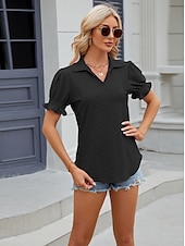 cheap Lace Tops-Women&#039;s Boho T-shirt Plain Bohemia Cute Stylish Short Sleeve Puff Sleeve V Neck Shirt Collar Regular Tops Daily Going out Weekend Ruffle Eyelet Sage Green Black White Pink Wine Summer