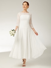 baratos Comprimento do chão-Vestido A-Line Para Mãe da Noiva Convidada Elegante Gola Redonda Comprimento do Tornozelo Chiffon Renda Mangas 3/4 com Franzido de Lantejoulas 2025