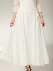 baratos Comprimento do chão-Vestido A-Line Para Mãe da Noiva Convidada Elegante Gola Redonda Comprimento do Tornozelo Chiffon Renda Mangas 3/4 com Franzido de Lantejoulas 2025