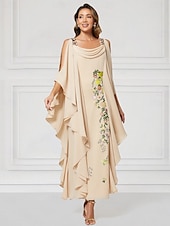 abordables Longueur du plancher-Robe colonne florale bleue mère de la mariée élégante taille plus col bijou longueur au sol chiffon manches demi-saison avec perles volants en cascade