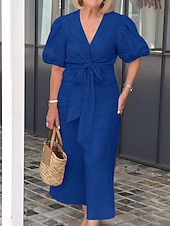 cheap Plain Dress-Women&#039;s Maxi Dress A Line Dress Solid Color Summer Dress Puff Sleeve Dress Basic Casual Puff Sleeve Vacation Daily Regular Fit Graphic Short Sleeve V Neck Black White Yellow Pink Summer