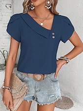 abordables Blusas Sencillas-Mujer Camisa de verano Camisa casual Blusa Botones Color sólido Elegante Casual Manga Corta Escote en Pico Tops regulares Diario Playa Festivos Negro Rojo Azul Marino Verde Trébol Albaricoque Verano