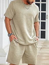 abordables Conjuntos de camisetas básicas para hombre-Hombre Waffle Tracksuit Camiseta y pantalones cortos Conjunto Conjunto de atuendo Cuello Barco Exterior Diario Deportes Bolsillo Correa 2 Piezas Plano Negro Blanco Caqui Poliéster Ropa de Deporte