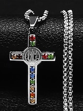 baratos Jóias Masculinas-colar masculino de cruz banhado a ouro em aço inoxidável com pedras preciosas multicoloridas – pingente religioso, corrente estilosa para uso diário, presentes para ocasiões religiosas