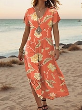 tanie Sukienki boho-Damskie Sukienka maxi Codzienne sukienki Sukienka A line Elegancki Codzienny Urlop Codzienny Regularny Kwiaty Krótki rękaw W serek Czerwony Niebieski Pomarańczowy Zielony Lato Wiosna