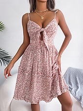 preiswerte Blumenkleider-Damen Midikleid Wickelkleid Sommerkleid A Linie Kleid Cami-Kleid Urlaub Strand Design Urlaub Täglich Regular Fit Blumen Ärmellos V Ausschnitt Weiß Rote Blau Sommer