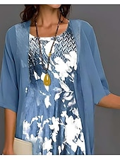preiswerte Blumenkleid-Damen Abschlusskleid Midi Kleid Chiffon Kleid Shift Kleid Elegante Party Formal Urlaub Hochzeitsgast Lockere Passform Floral Halblange Ärmel Rundhalsausschnitt Blau Sommer Frühling Herbst