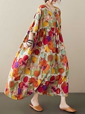 economico abiti stampati in cotone e lino-Per donna Abito maxi Abiti in cotone e lino Vestito Casual Abiti Boho Chic Essenziale Casual Vacanza Quotidiano Vestibilità regolare Grafico Manica Corta Girocollo Rosso Blu Estate