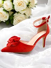 billige Brud-røde sateng-tåhæler med rosedetaljer – klassiske bryllupssko for kvinner, ideelle for formelle arrangementer eller brudeklær