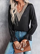cheap Women&#039;s Plain Tops-Women&#039;s Shirt Blouse Solid Color Stylish Casual Long Sleeve V Neck Regular Tops Daily Lace Patchwork Black Green Summer Spring
