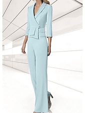 abordables Costumes-pantalons pour maman-Ensemble pantalon 2 pièces mère de la mariée invité de mariage élégant encolure en V longueur de sol chiffon extensible manches 3/4 wrap inclus avec boutons 2025 taille personnalisée gratuite