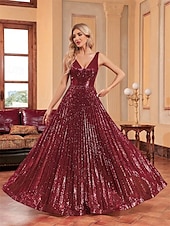 preiswerte Ballkleid-A-Linie Ballkleider Partykleid Abendparty Cocktailparty bodenlang ärmellos tiefer Ausschnitt Polyester mit Glitzer Kniefalten 2025