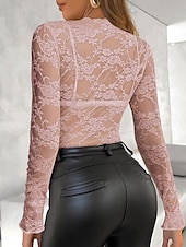 abordables Hauts en dentelle-Chemisier Femme Noir transparent 6 noir Noir Broderie Fleur / Plantes Dentelle Troué du quotidien Elégant Dentelle Col Rond S