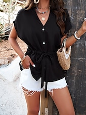 cheap Plain tee-Women&#039;s Shirt Blouse Solid Color Stylish Casual Short Sleeve Notched Neck Regular Tops Daily Buttons Drawstring Black Wine Blue Green Beige Summer