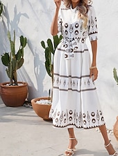 ieftine Rochii casual florale-Pentru femei Rochie Lunga Rochie Maxi Rochie casual Rochie de vară Rochie Boho Modă În aer liber Concediu Dată Fit regulat Vopsire Lungime Manșon 3/4 Guler Cămașă Negru Alb Trifoi Vară Primăvară