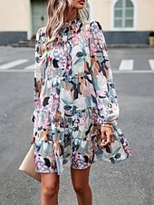 cheap Casual Floral Dresses-Women&#039;s Mini Dress Casual Dress A Line Dress Stylish Casual Vacation Daily Regular Fit Floral Long Sleeve Stand Collar Green Apricot Summer