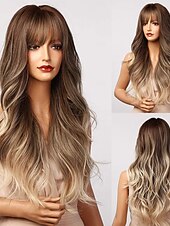 baratos Perucas Sintéticas sem Touca-peruca marrom claro com franja longa ombre perucas onduladas para mulheres brancas, cabelo sintético branco acinzentado resistente ao calor, natural melhores perucas para halloween/natal/cosplay/festa