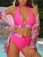 billiga Bikiniset i 3 delar-Dam Badkläder Bikini Tre delar Kalsonger Baddräkt Öppen rygg Smal Hög midja Semester Standkläder Blommig Halterneck Långärmad Baddräkter