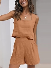 preiswerte Sets-Damen Mode Streetwear Hemd Baumwoll-Leinen-Sets Zweiteilige Sets Leinenhosen Baggy-Shorts Ärmellos Quadrathals Einfarbig Alltagskleidung Date Schwarz Braun Khaki Sommer Normale Passform