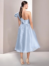 abordables Robes de cocktail-Robe cocktail en A élégante robe formelle mariage longueur thé sans manches une épaule satinée avec fente froncée robes