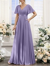 baratos Vestidos para Madrinhas-Linha A Vestido de Madrinha Decote V Manga Curta Elegante Longo Chiffon com Franzido 2022