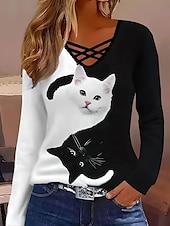 billige Dyrene tee-Dame T skjorte Fargeblokk Katt Fritid Langermet Hals med hakk Vanlige topper Daglig Trykt mønster Hvit Vår Høst