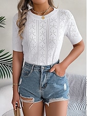 abordables Hauts en dentelle-Femme Pull en maille torsadée Pullover Le style mignon du quotidien mode Couleur unie A côtes Col Ras du Cou Ouvert Tricoté Manches à volants Manches courtes Hauts réguliers Tricoter Intérieur Soirée