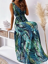 abordables Robes de vacances-Femme Robe Maxi Robe casual mode Décontractées Vacances Casual du quotidien Standard Graphic Sans Manches Col V Noir Blanche Bleu Vert Eté Printemps