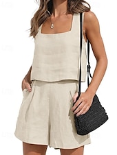 preiswerte Sets-Damen Mode Streetwear Hemd Baumwoll-Leinen-Sets Zweiteilige Sets Leinenhosen Baggy-Shorts Ärmellos Quadrathals Einfarbig Alltagskleidung Date Schwarz Braun Khaki Sommer Normale Passform