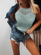 abordables Débardeurs et camisoles femme-Débardeur pour femmes en camisole noir blanc jaune couleur unie dentelle trou quotidien col halter coupe régulière S