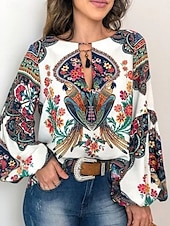 billige Kvinnenes ferietopper-Dame Skjorte Bluse Blomstret Bohem Retro / vintage Fritid Langermet Crew-hals Vanlige topper Daglig Trykt mønster Hvit Rosa Sommer Vår
