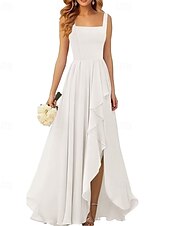 baratos Vestidos para Madrinhas-Linha A Vestido de Madrinha Correias / Decote Quadrado Sem Manga Elegante Longo Chiffon / Elastano com Pregas / Fru-Fru / Pregueado 2022