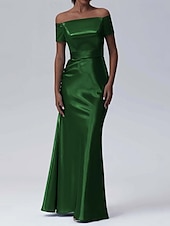 abordables Champagne-Robe de soirée fourreau Élégante Robe formelle de performance Longueur de sol Manches courtes Off-shoulder Satin glossy