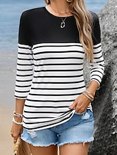 billige Stripe og geometrisk t-skjorte-Dame T skjorte Stripet Fritid Langermet Crew-hals Vanlige topper Daglig Trykt mønster Svart Vår Høst