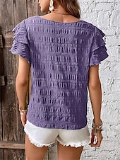 cheap Work Tops-Women&#039;s Blouse Solid Color Elegant Daily Stylish Short Sleeve Crew Neck Regular Tops Daily Holiday Going out Ruffle Patchwork Sage Green Red Navy Blue Purple Green Summer Spring
