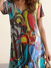 billige Kunst og Design Kjoler-Dame Maxikjole Uformell kjole Kjole med A-linje Stilfull Fritid Feriereise Daglig Normal Geometrisk Kortermet V-hals Colourful Sommer Vår