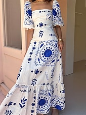 tanie Sukienki boho-Damskie Długa sukienka sukienka maxi Codzienne sukienki Letnie sukienki Sukienka Boho Moda Latarnia rękawem Na zewnątrz Święto Randka Regularny Geometryczny Krótki rękaw Z odsłoniętymi ramionami