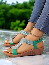 economico Sandali con zeppa-sandali con cinturino a T scintillanti per donna: sandali con zeppa comodi ed eleganti con accenti di strass, ideali per uscite informali, feste estive e occasioni speciali