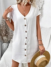cheap Dresses-Women's Mini Dress Faux Cotton Linen Shift Dress Casual Dress Tank Dress Basic Casual Batwing Sleeve Casual Daily Vacation Loose Fit Plain Short Sleeve V Neck Black White Pink Green Summer Spring