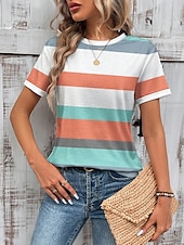 abordables T-shirt rayé et géométrique-t-shirt femme rayé décontracté à manches courtes col rond hauts réguliers imprimé quotidien vert été