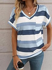 cheap Stripe&amp;Geometric tee-Women&#039;s T Shirt Striped Fashion Modern Casual Short Sleeve V Neck Regular Tops Daily Weekend Pink Wine Sky Blue Summer Spring
