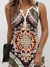 tanie Sukienki boho-Damskie Sukienka mini Sukienka A line Letnie sukienki Sukienka z odkrytymi ramionami Codzienny Urlop Codzienny Regularny Graficzny Zabytkowe Bez rękawów Karbowana szyja Żółtobrązowy Lato